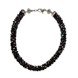 Black Iridescent Crystal Beaded Rope Choker Necklace with Sterling Toggle Clasp